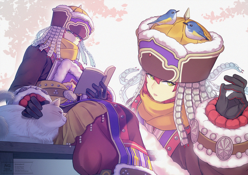 1boy, bird, blue_bird, book, cat, commentary_request, cuilang_(rune_factory), fur-trimmed_headwear