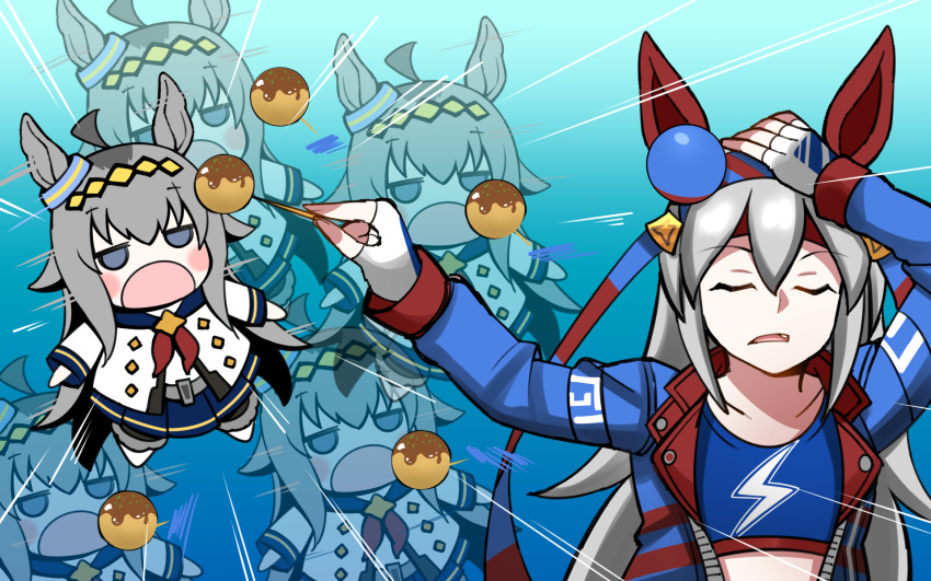 2girls, ahoge, animal_ears, aramori_susumu, blue_eyes, blue_hairband, blue_sports_bra, blush