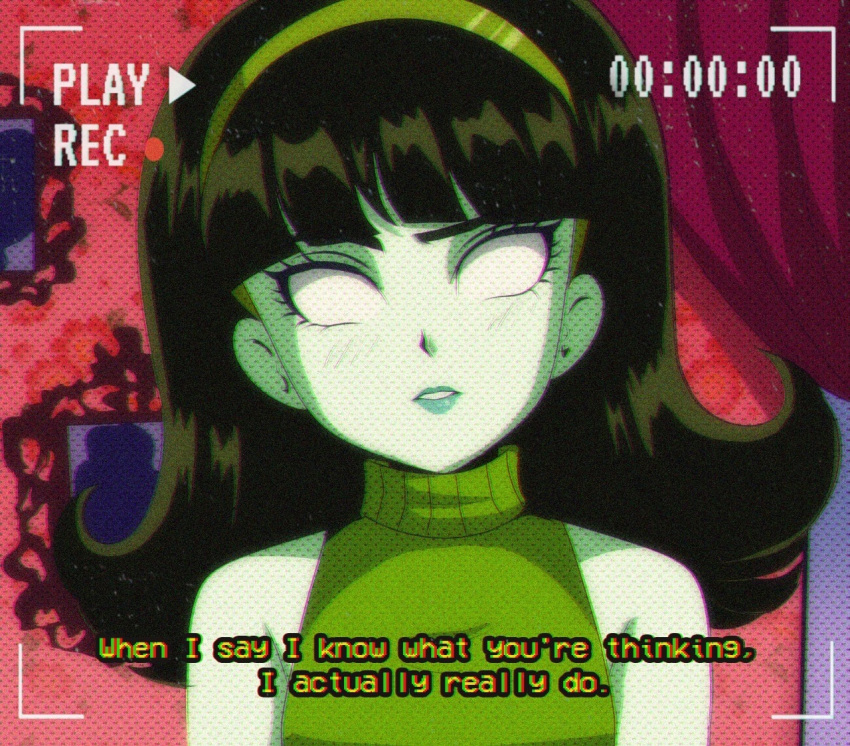 1990s_(style), 1girl, animification, brenni_murasaki, colored_skin, commentary, english_text, flipped_hair, green_hair, green_hairband, green_lips, green_skin, hairband, looking_at_viewer, monster_high, monster_high_(g1), recording, retro_artstyle, scarah_screams