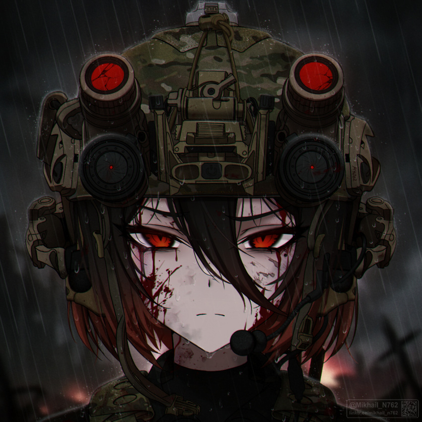 1girl, artist_name, bags_under_eyes, black_hair, black_sweater, blood, blood_on_face, blurry