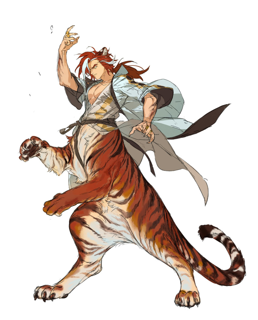 1boy, animal_ears, arm_up, blue_coat, centauroid, character_request, chinese_clothes, claws