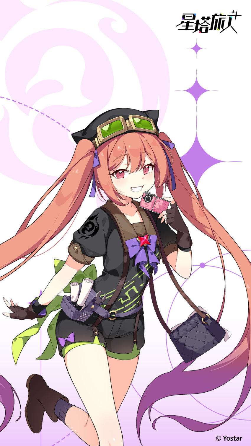 1girl, :3, :d, black_hat, black_shirt, black_shorts, boots, brown_boots