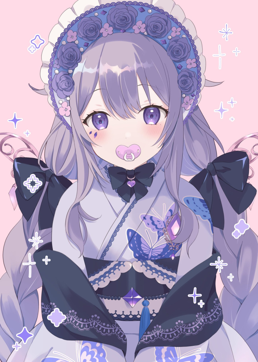 1girl, animal_print, black_bow, black_shawl, blue_bonnet, bonnet, bow, braid
