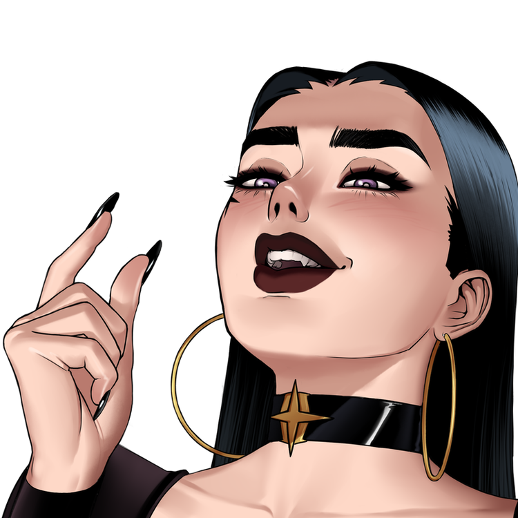 1girl, black_choker, black_hair, black_nails, choker, commentary, earrings, english_commentary, hoop_earrings, jewelry, lara_(otto_cubze), long_hair, original, otto_cubze, pinching_gesture, simple_background, solo, violet_eyes, white_background