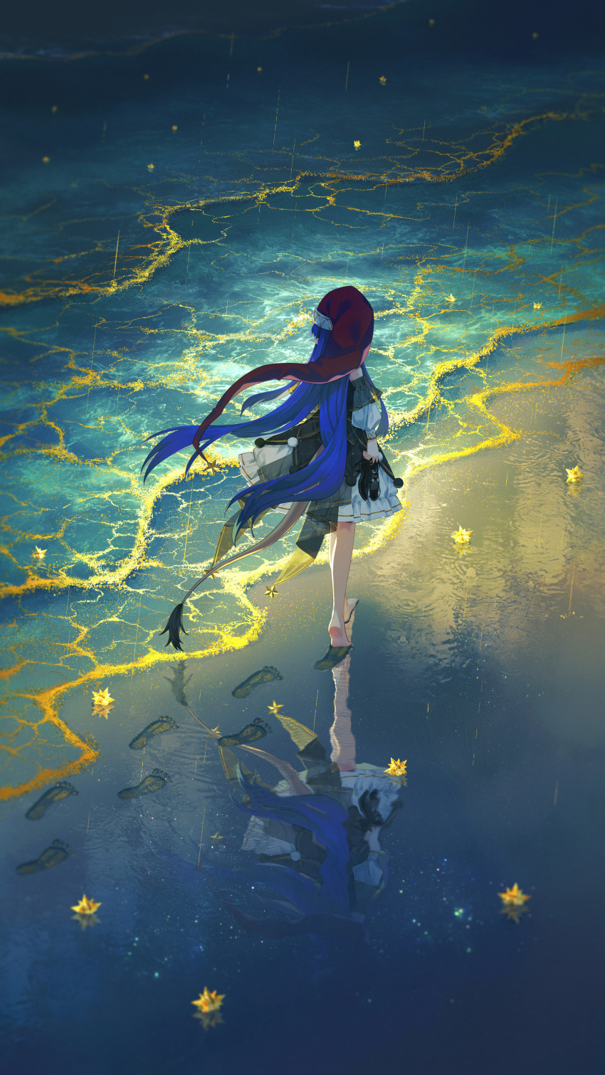 1girl, absurdres, alternate_costume, banjie, beach, black_dress, blue_hair, chinese_commentary, commentary_request, doremy_sweet, dress, facing_away, footprints, from_behind, full_body, hat, highres, long_hair, long_sleeves, nightcap, ocean, partial_commentary, pointy_ears, rain, red_hat, sand, solo, tail, tapir_tail, touhou, two-tone_dress, very_long_hair, walking, white_dress