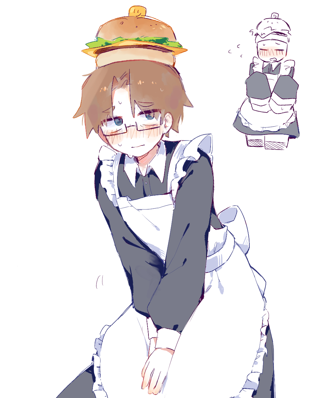 007n7_(roblox), 1boy, animification, apron, back_bow, black-framed_eyewear, black_dress, blue_eyes