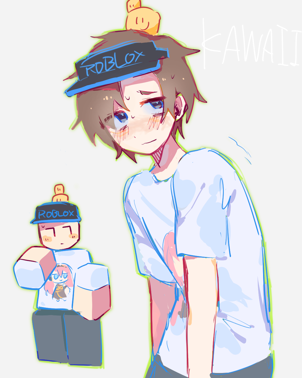 007n7_(roblox), 1boy, animification, arms_at_sides, black_hat, blue_eyes, blue_trim, blush