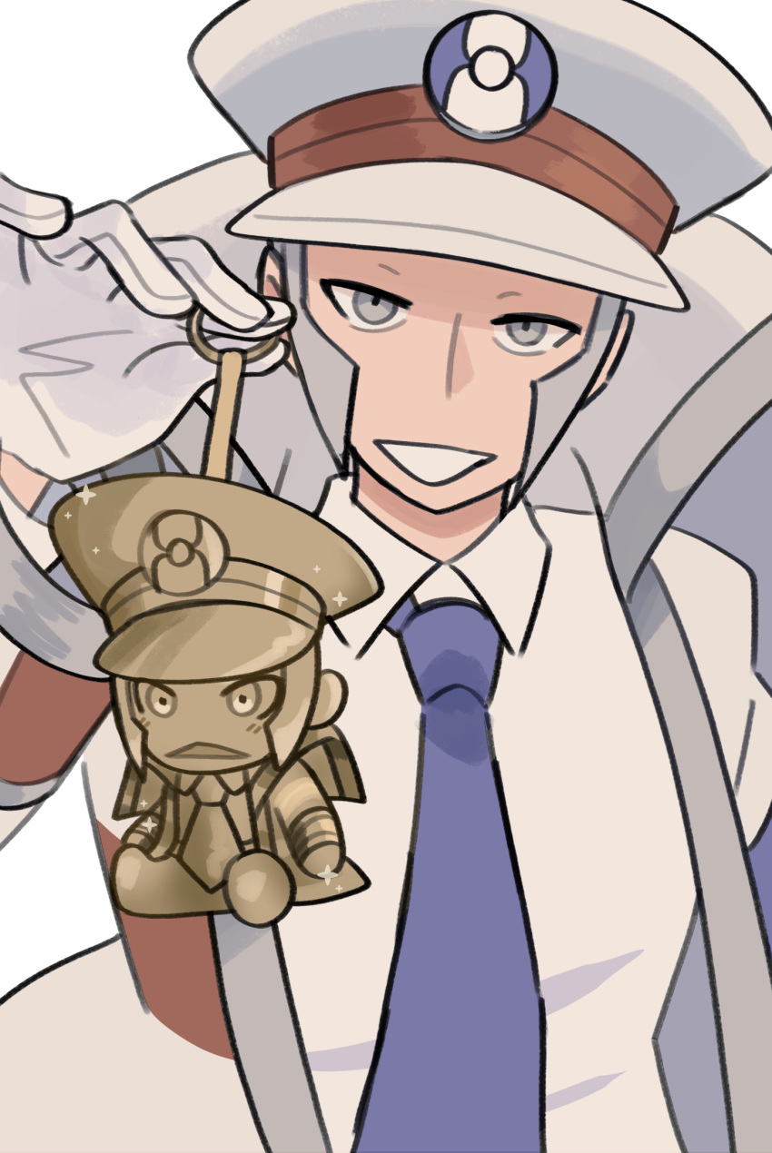 1boy, 24_karat_gold_labubu_(meme), blue_necktie, character_charm, charm_(object), commentary, emmet_(pokemon), english_commentary, galaxysketches, gloves, grey_eyes, grey_hair, hat, highres, ingo_(pokemon), looking_at_viewer, male_focus, meme, necktie, pokemon, pokemon_bw, shirt, sparkle, upper_body, white_gloves, white_hat, white_shirt