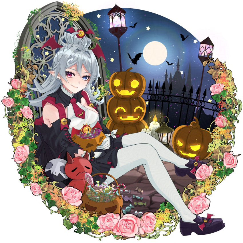 1girl, bat_(animal), black_dress, black_shoes, blue_eyes, closed_mouth, demon_girl, demon_wings