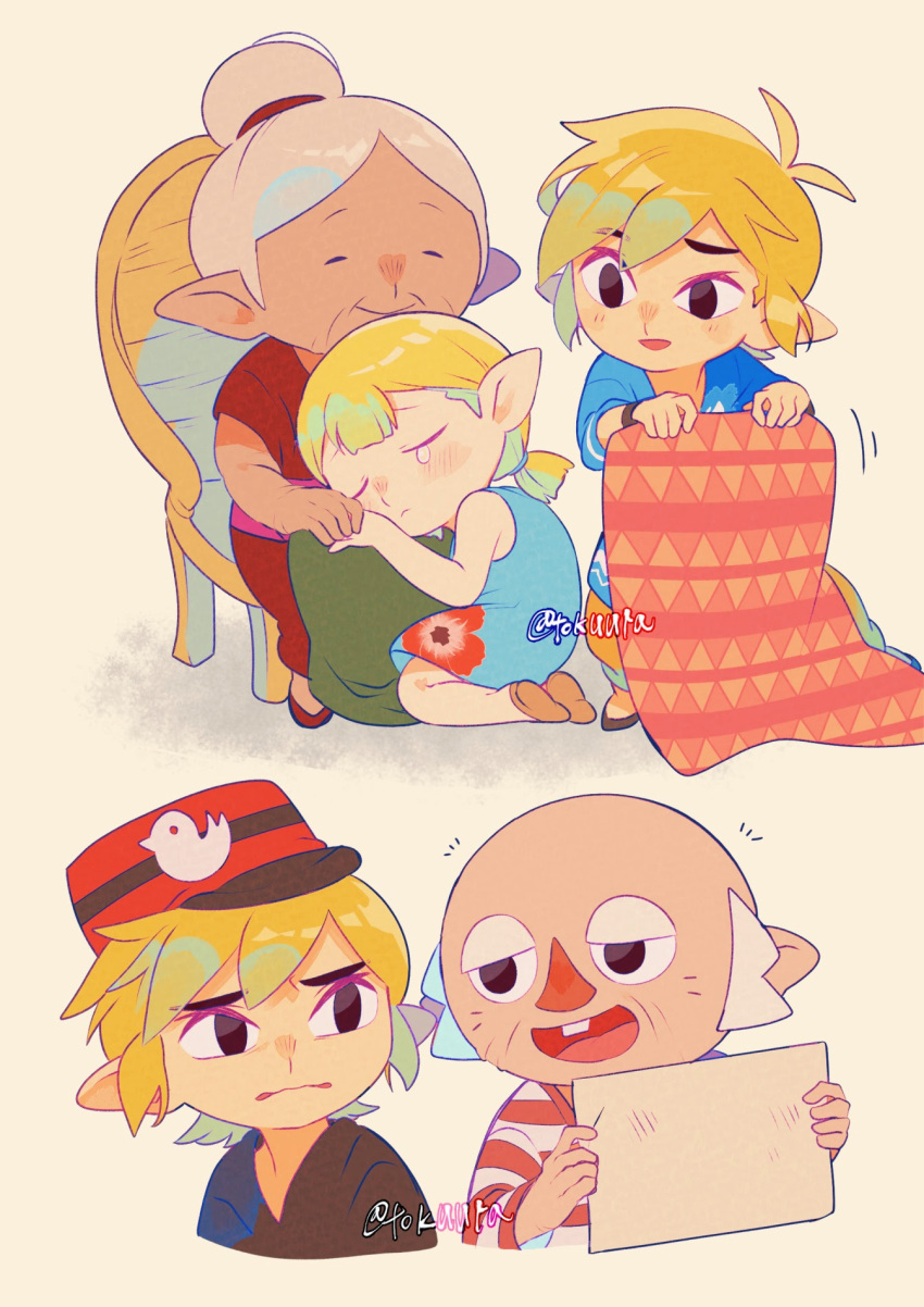 2boys, 2girls, artist_name, aryll, balding, black_eyes, black_shirt, blanket