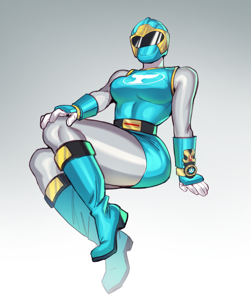1girl, absurdres, arm_support, belt, black_belt, blue_dress, blue_wind_ranger, bodysuit