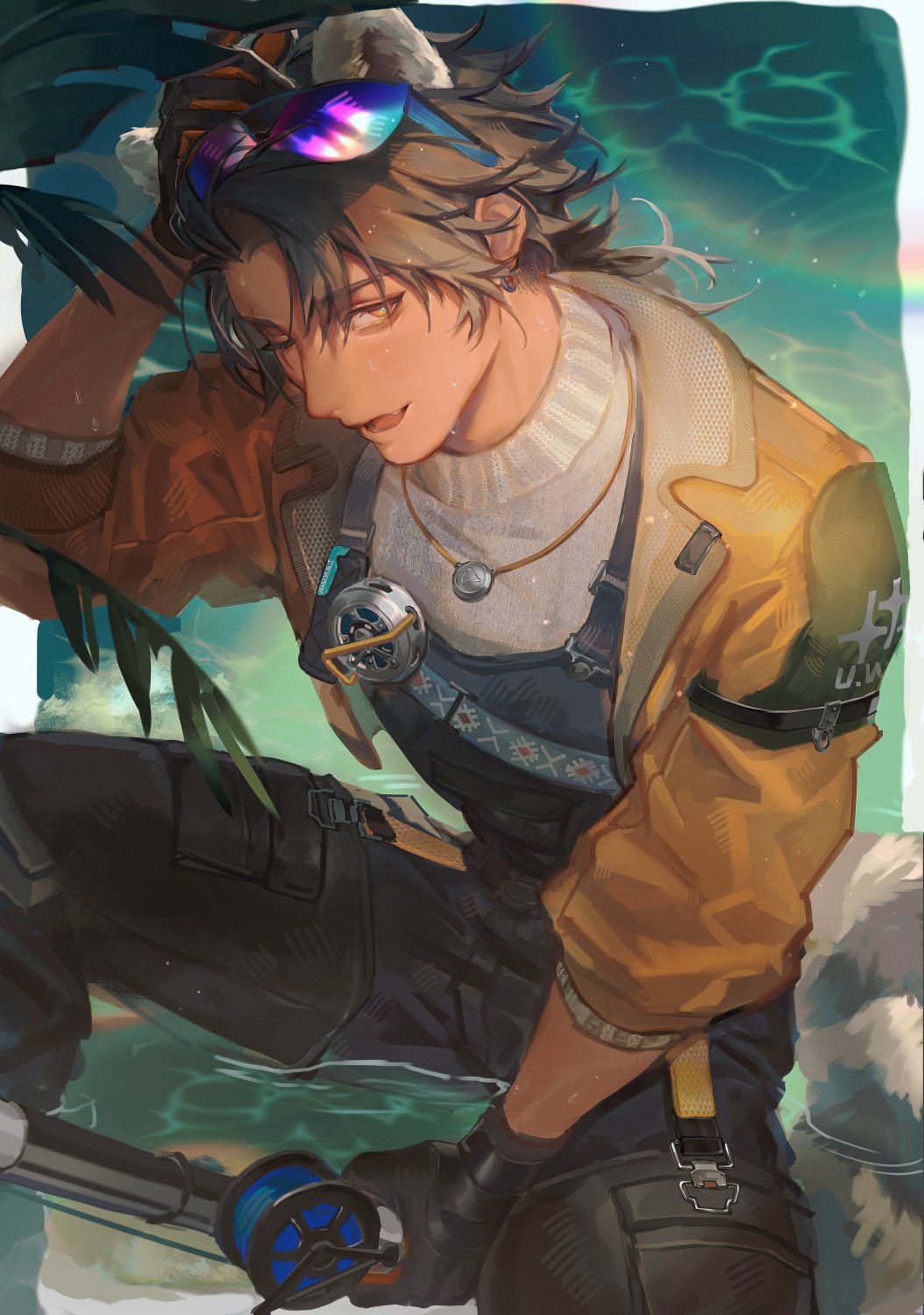 1boy, alesh_(arknights), animal_ears, arknights, arknights:_endfield, arm_up, black_gloves, black_overalls
