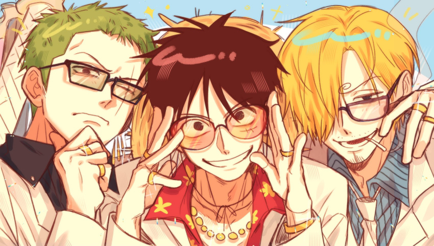 3boys, arm_up, arms_up, bespectacled, black-framed_eyewear, black_shirt, blonde_hair, blue_shirt