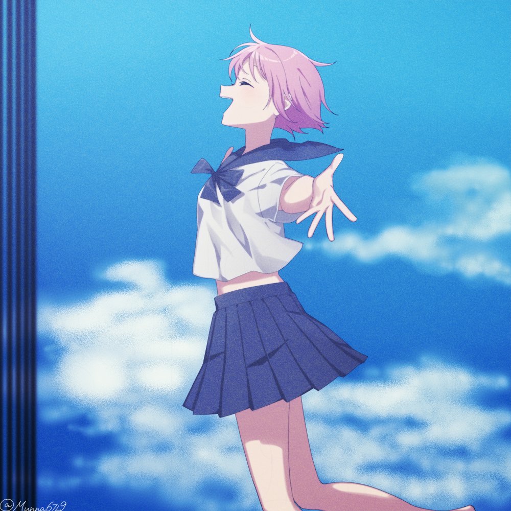1girl, alternate_hair_length, alternate_hairstyle, blue_sky, blurry, blurry_background, bow, bowtie