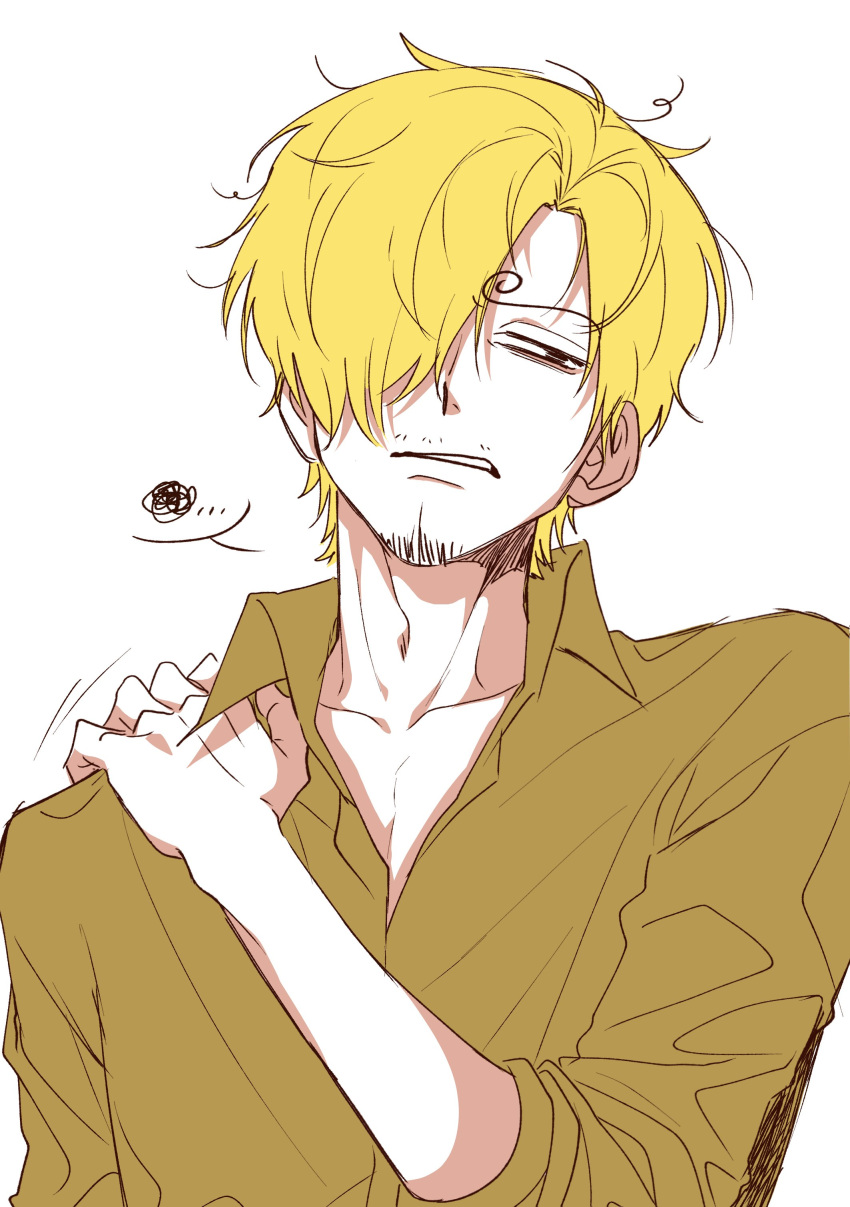 1boy, absurdres, arm_up, black_eyes, collared_shirt, commentary, facial_hair, goatee