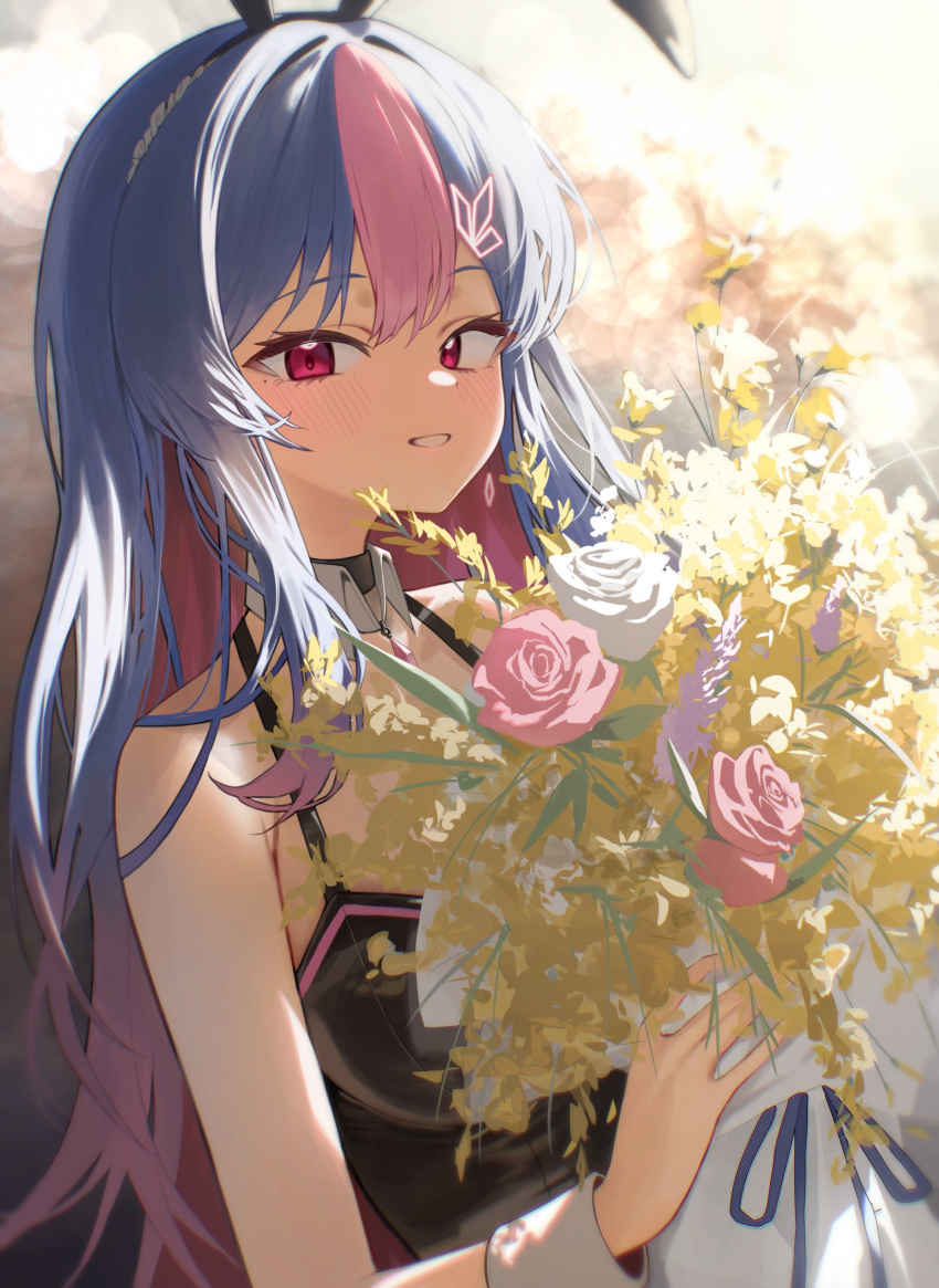 1girl, absurdres, bing_hayu, black_shirt, bouquet, choppy_bangs, colored_inner_hair, commentary_request