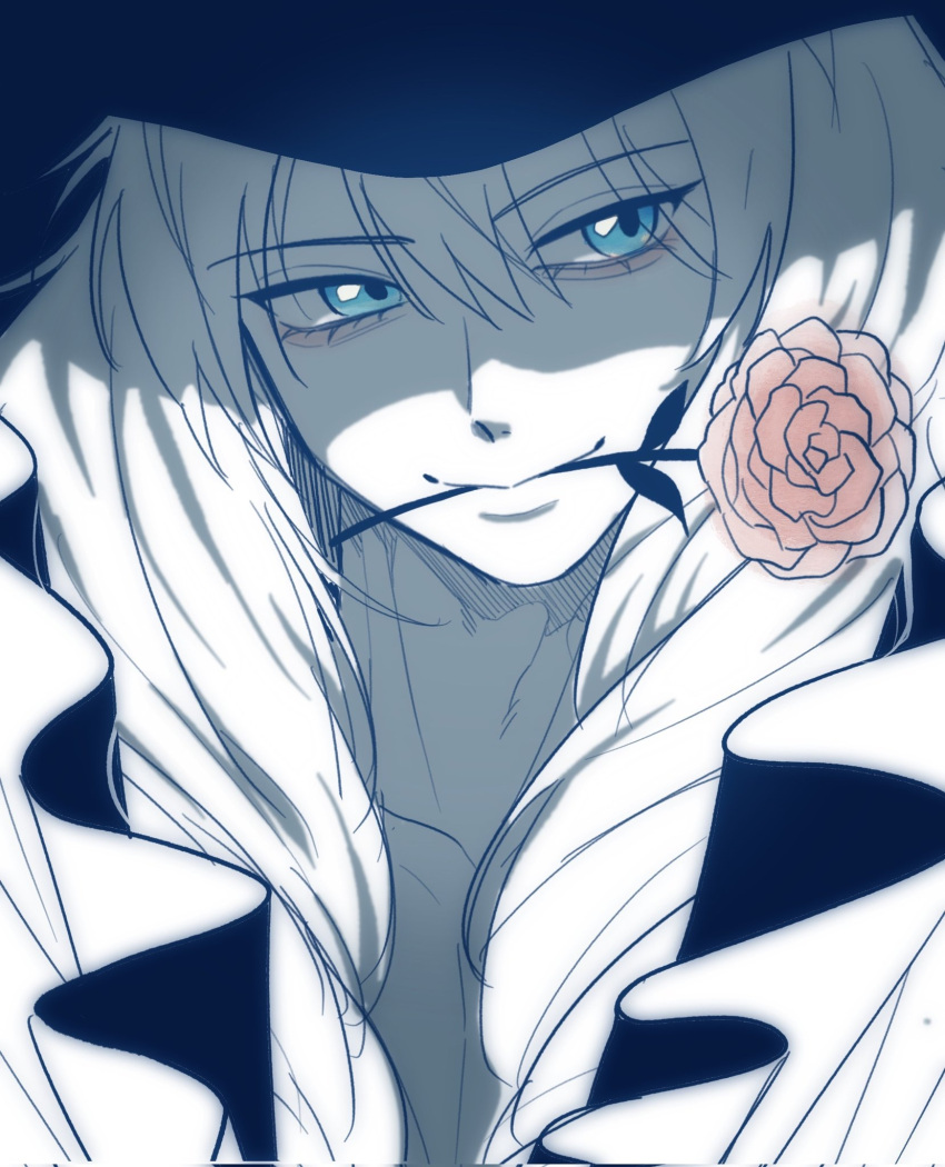 1boy, bishounen, blue_eyes, carnation, cavendish_(one_piece), collarbone, commentary_request, flower