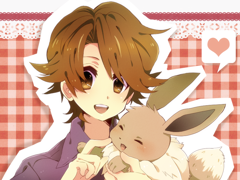 1boy, brown_eyes, brown_hair, eevee, heart, male, nicole_(usako), pokemon