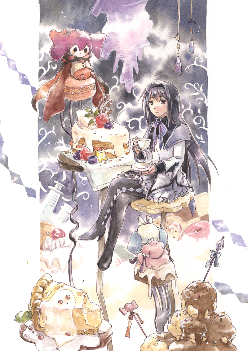 argyle, argyle_legwear, argyle_pantyhose, black_hair, black_legwear, bow, cake, charlotte_(madoka_magica)