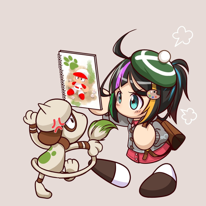 1girl, ahoge, anger_vein, angry, aqua_eyes, backpack, bag, black_hair, blonde_hair, blue_hair, brown_background, brown_bag, brown_shoes, cable_knit, cardigan, commentary_request, cosplay, crossover, dress, fighting, gloria_(pokemon), gloria_(pokemon)_(cosplay), green_hair, green_hat, grey_cardigan, hair_ornament, hat, high_ponytail, highres, holding, holding_sketchbook, hood, hooded_cardigan, jikkyou_powerful_pro_yakyuu, jikkyou_powerful_pro_yakyuu_(style), kuroto_mone, megu_ponta, multicolored_hair, multicolored_shoes, no_mouth, paint_palette, paint_palette_hair_ornament, pink_hair, pokemon, pokemon_(creature), pokemon_swsh, ponytail, power_pro_appli, rayman_limbs, red_dress, shoes, sketchbook, smeargle, two-tone_shoes, white_shoes