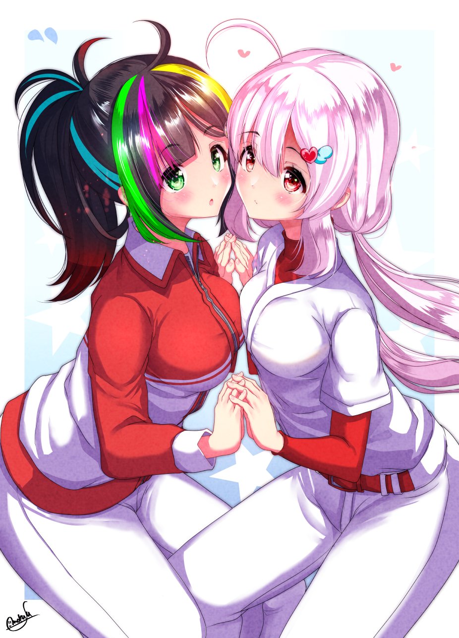 2girls, ahoge, amane_karen, aqua_hair, baseball_uniform, belt, blonde_hair, commentary_request
