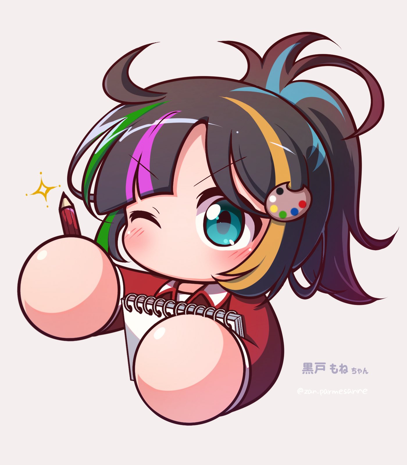 1girl, ahoge, aqua_eyes, black_hair, blonde_hair, blue_hair, commentary_request, cropped_torso, green_hair, hair_ribbon, high_ponytail, highres, holding, holding_pencil, holding_sketchbook, jacket, jikkyou_powerful_pro_yakyuu, jikkyou_powerful_pro_yakyuu_(style), kuroto_mone, multicolored_hair, multicolored_jacket, no_mouth, one_eye_closed, paint_palette, paint_palette_hair_ornament, parmesan_(zan_parmesanne), pencil, pink_hair, ponytail, power_pro_appli, red_jacket, ribbon, shirt, simple_background, sketchbook, smile, solo, sparkle, track_jacket, twitter_username, upper_body, white_jacket, white_shirt