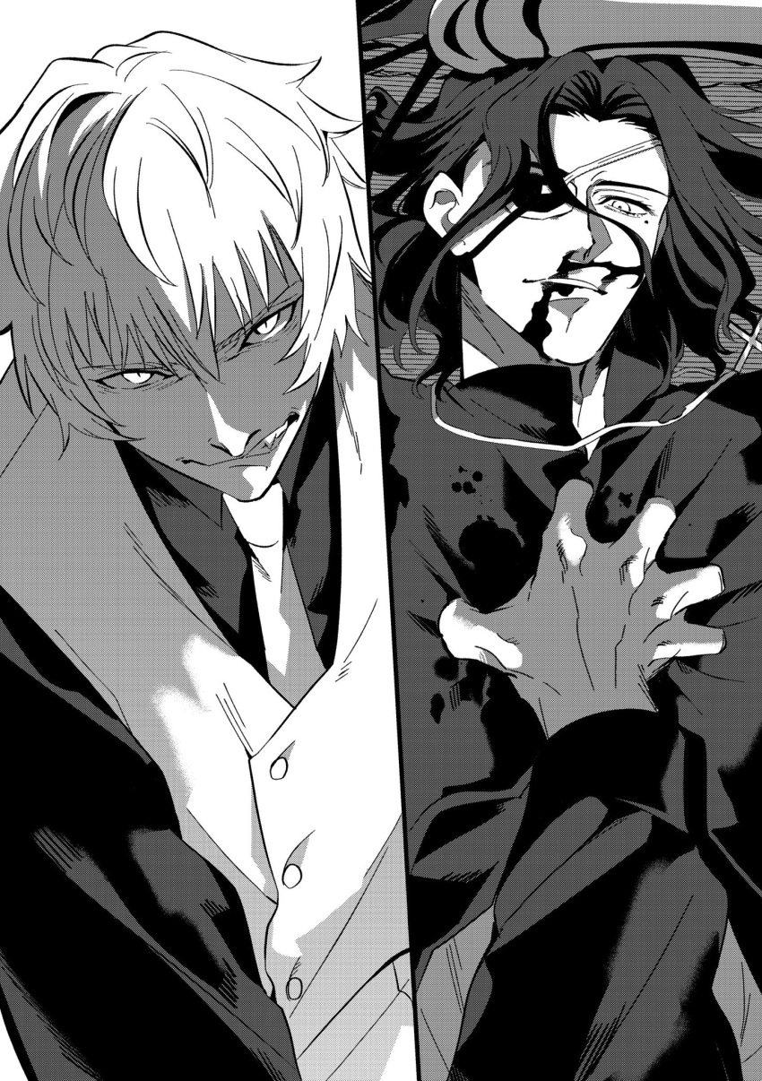 2boys, bags_under_eyes, black_keys_(type-moon), blood, blood_on_face, cross, cross_necklace, eyepatch