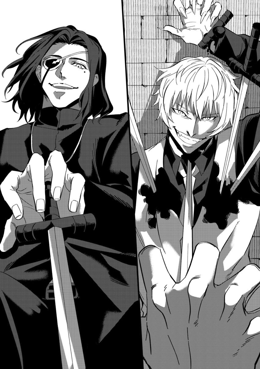 2boys, bags_under_eyes, black_keys_(type-moon), blood, eyepatch, fangs, fate/strange_fake, fate_(series)