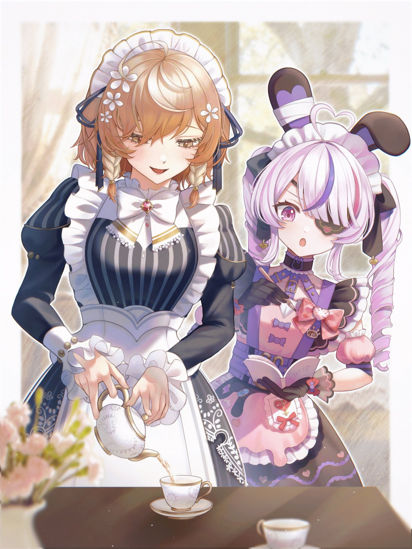 2girls, :o, ahoge, animal_ear_hairband, animal_ears, apron, black_bow, black_dress