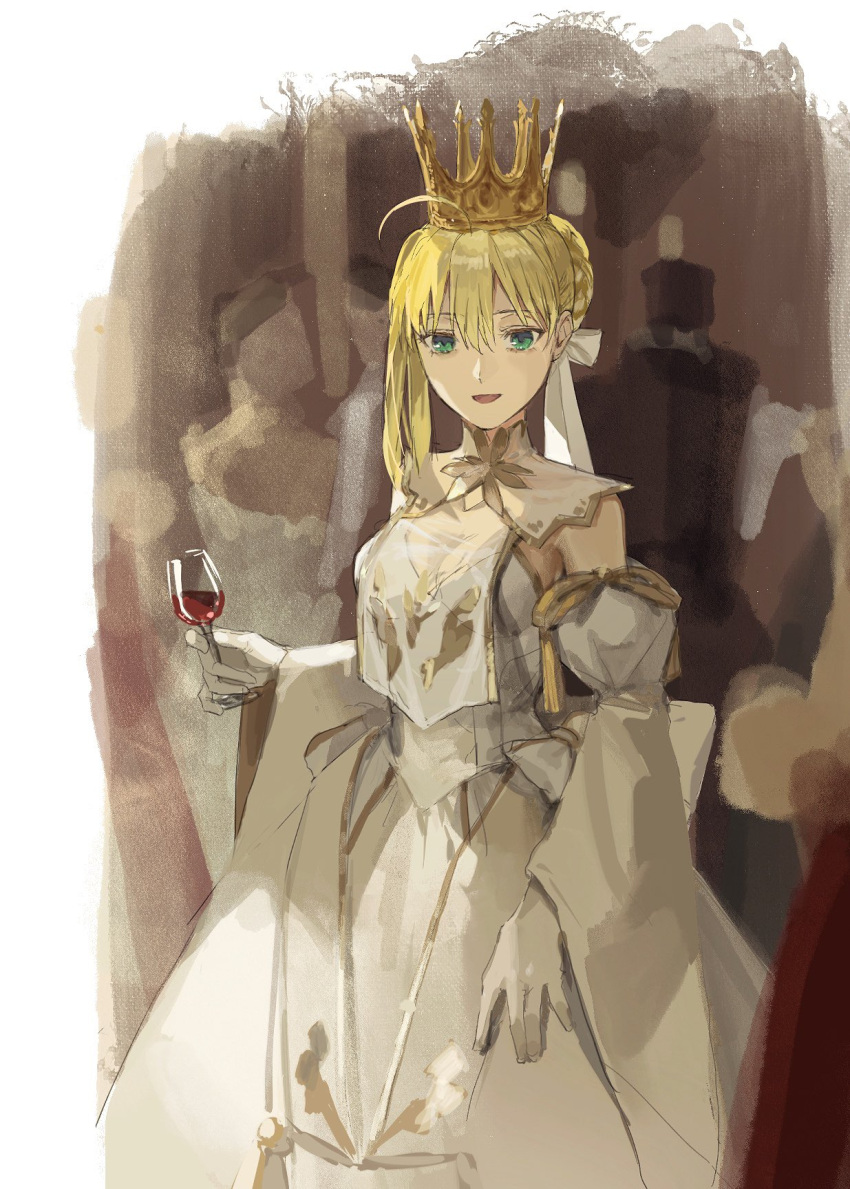 1girl, ahoge, artoria_pendragon_(fate), bare_shoulders, blonde_hair, braid, breasts, bun_with_braided_base, cherroppi, crown, cup, detached_sleeves, dress, drinking_glass, fate/grand_order, fate_(series), feet_out_of_frame, gloves, gold_trim, green_eyes, hair_bun, hair_ribbon, highres, holding, holding_cup, looking_at_viewer, lord_logres_(fate), lord_logres_(second_ascension)_(fate), medium_breasts, open_mouth, ribbon, smile, solo_focus, tabard, white_dress, white_gloves, wine_glass