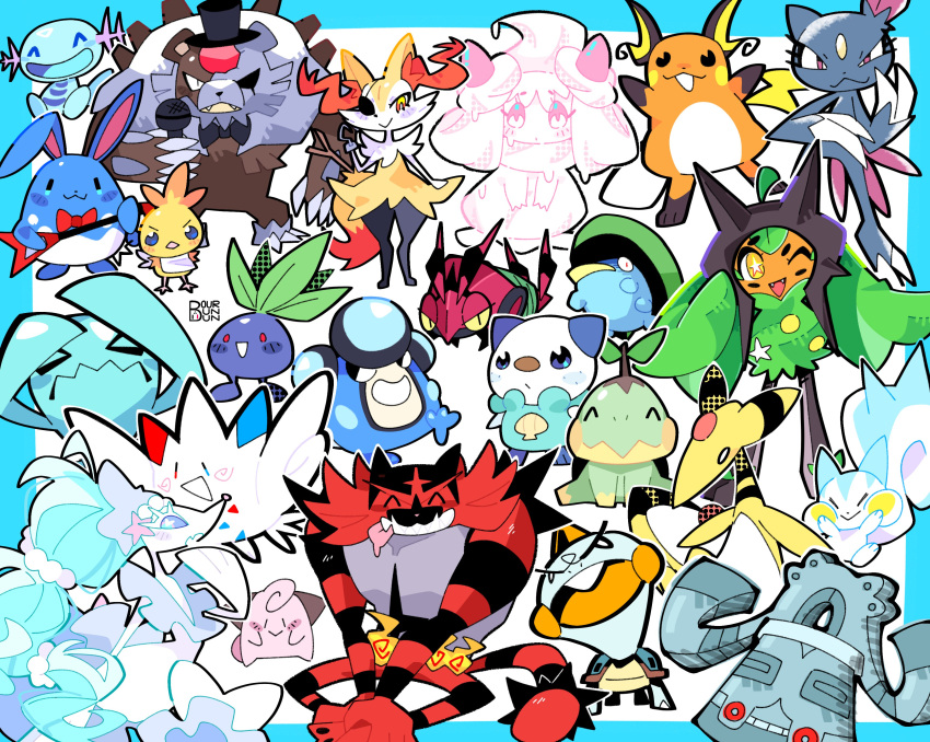 absurdres, alcremie, alcremie_(strawberry_sweet), alternate_color, ampharos, azumarill, bloodmoon_ursaluna, bourbunbun, braixen, bronzong, chewtle, cleffa, commentary, english_commentary, five_nights_at_freddy's, halftone, highres, incineroar, lotad, oddish, ogerpon, oshawott, pachirisu, palpitoad, pokemon, pokemon_(creature), primarina, raichu, shiny_pokemon, sneasel, togekiss, turtwig, ursaluna, venipede, wobbuffet, wooper