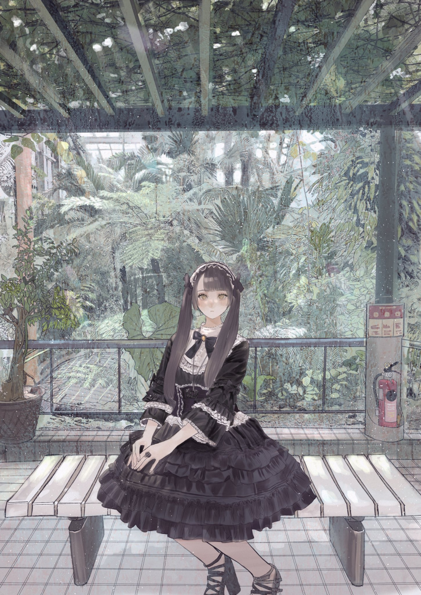 1girl, accurate_lolita_coord, bench, black_bow, black_bowtie, black_shoes, bow, bowtie