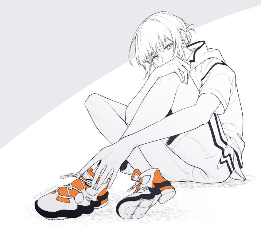 1boy, commentary_request, fate/grand_order, fate_(series), full_body, greyscale, kakurikaku, knees_up, looking_at_viewer, male_focus, monochrome, oberon_(fate), shirt, shoes, short_sleeves, shorts, sitting, sneakers, solo, spot_color, updo