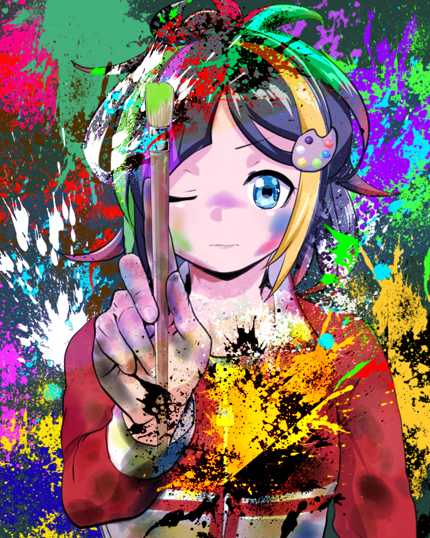 1girl, aqua_hair, black_hair, blonde_hair, blue_eyes, closed_mouth, commentary_request, green_hair