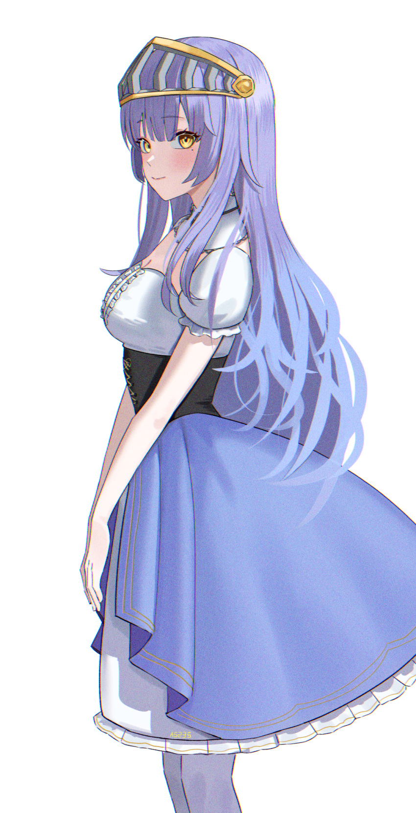 1girl, a5235, black_corset, blue_hair, blue_skirt, blush, breasts, closed_mouth