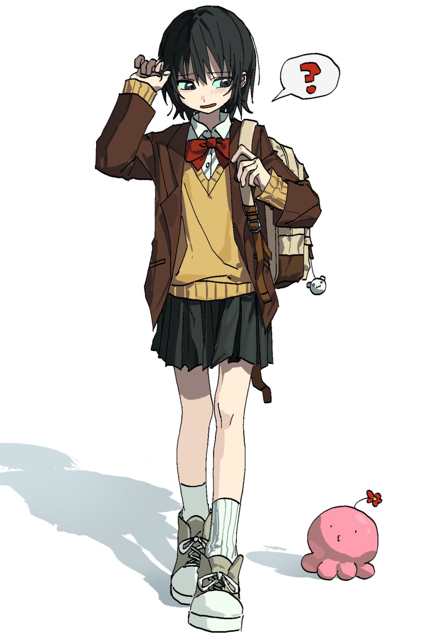 1girl, ?, backpack, bag, bag_charm, black_eyes, black_hair, bow