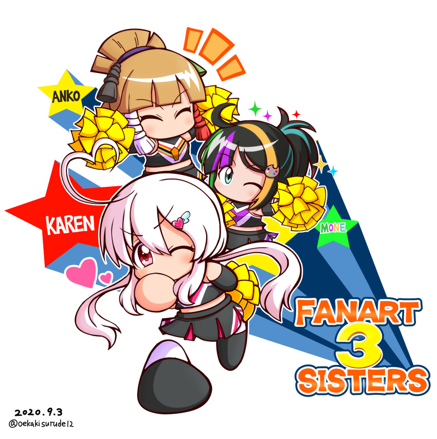 2020, 3girls, ahoge, amane_karen, aqua_eyes, aqua_hair, black_hair, black_shoes