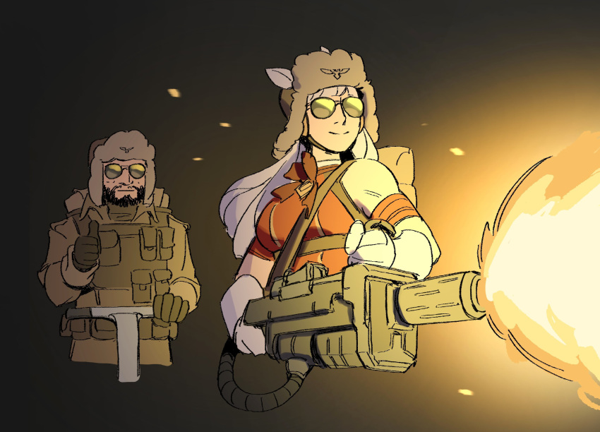 1boy, 1girl, ammunition_pouch, animal_ears, asphodelles_art, backpack, bag, beard, belt, brown_gloves, bulletproof_vest, ciaphas_cain, commentary, english_commentary, facial_hair, ferik_jurgen, flamethrower, gloves, gold_ship_(red_strife)_(umamusume), gold_ship_(umamusume), grey_hair, highres, holding, holding_flamethrower, holding_weapon, long_hair, military_uniform, neck_ribbon, pink_hair, pouch, ribbon, smile, sunglasses, thumbs_up, umamusume, ushanka, valhallan_ice_warriors, warhammer_40k, weapon, white_gloves