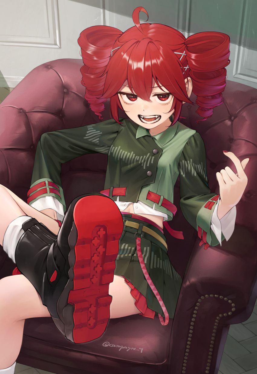 1girl, black_boots, black_shirt, black_skirt, boots, chair, collared_shirt, colored_skin