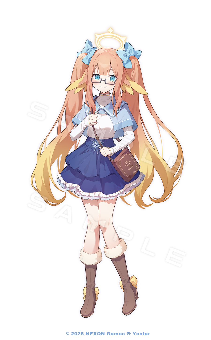 1girl, bag, blonde_hair, blue_archive, blue_bow, blue_eyes, blue_skirt, boots, bow, brown_bag, brown_boots, casual, closed_mouth, commentary_request, full_body, glasses, hair_bow, hakasesuicchi, halo, head_wings, highres, knee_boots, long_hair, looking_at_viewer, multicolored_hair, official_art, orange_hair, sample_watermark, shimiko_(blue_archive), shirt, shoulder_bag, simple_background, skirt, smile, solo, standing, twintails, very_long_hair, watermark, white_background, white_shirt, wings