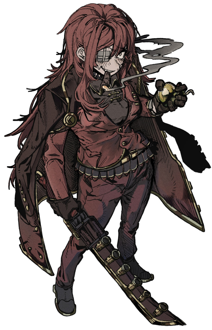 1girl, ammunition_belt, breasts, cigar, coat, coat_on_shoulders, commentary_request, cosplay