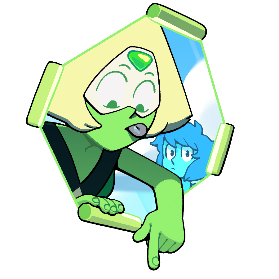 2girls, alien, blonde_hair, blue_hair, blue_skin, colored_skin, commentary, discount-supervillain, english_commentary, face_shield, forehead_jewel, gem, gem_(steven_universe), green_eyes, green_skin, homeworld_gem_uniform, lapis_lazuli_(steven_universe), limb_enhancers_(steven_universe), multiple_girls, peridot_(steven_universe), pointing, short_hair, steven_universe, tongue, tongue_out, triangle-shaped_hair