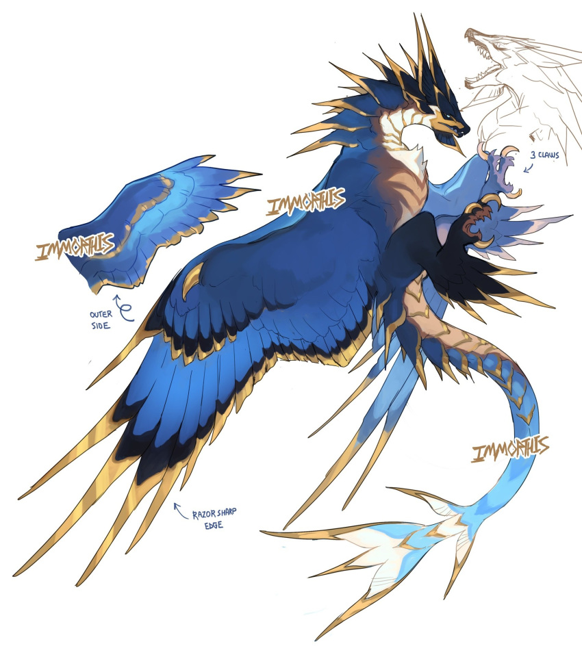claws, concept_art, dragon, feathered_wings, feathers, highres, horns, immorthis