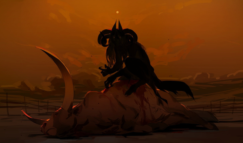 concept_art, dark, feathers, highres, horns, immorthis, non-web_source, original, scenery, shadow, tagme