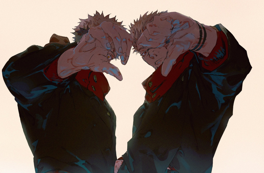 2boys, arm_tattoo, black_hair, black_jacket, buttons, commentary, english_commentary, extra_eyes, facial_tattoo, fingernails, four_eyes, from_below, grey_background, heart, heart_hands, highres, hood, hooded_jacket, itadori_yuuji, jacket, japanese_clothes, jujutsu_kaisen, jujutsu_tech_uniform, male_focus, multiple_boys, nail_polish, pink_hair, red_hood, ryoumen_sukuna_(jujutsu_kaisen), short_hair, simple_background, tattoo, thumbs_down, thumbs_down_heart_hands, undercut, upper_body, zeiame