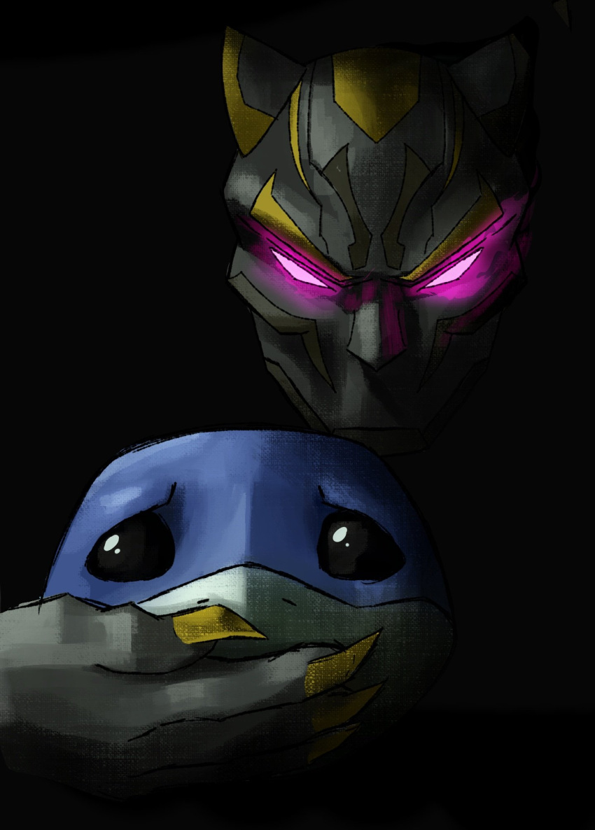 1boy, black_background, black_eyes, black_panther_(marvel), black_panther_(series), claws, commentary, covering_another's_mouth, dark, english_commentary, furrowed_brow, glowing, glowing_eyes, gregory_house_kidnap_a_child_(meme), highres, jeff_the_land_shark, looking_at_viewer, male_focus, marvel, marvel_rivals, mask, meme, peril, pink_eyes, pocho22059768, prowler_goku_(meme), scared, shark, superhero_costume