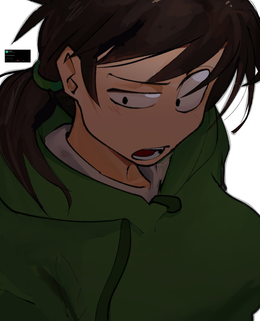 1girl, antenna_hair, black_eyes, breasts, brown_hair, close-up, commentary, drawstring