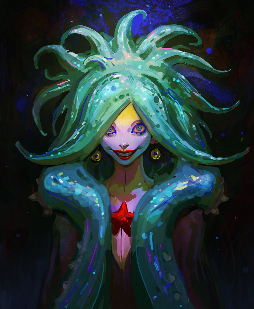 1girl, absurdres, blue_eyes, cateille, colored_sclera, colored_skin, commentary, earrings