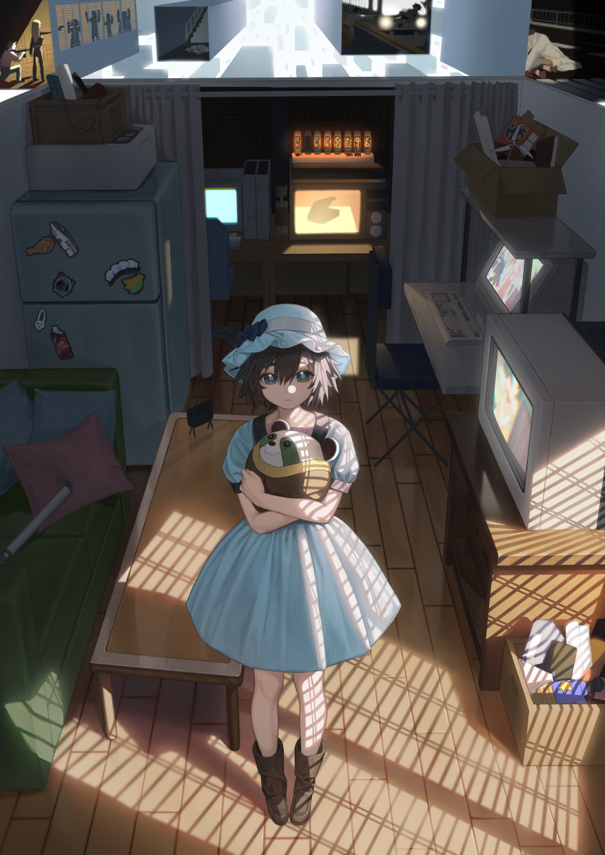1girl, absurdres, black_hair, blue_bow, blue_dress, blue_hat, boots, bow