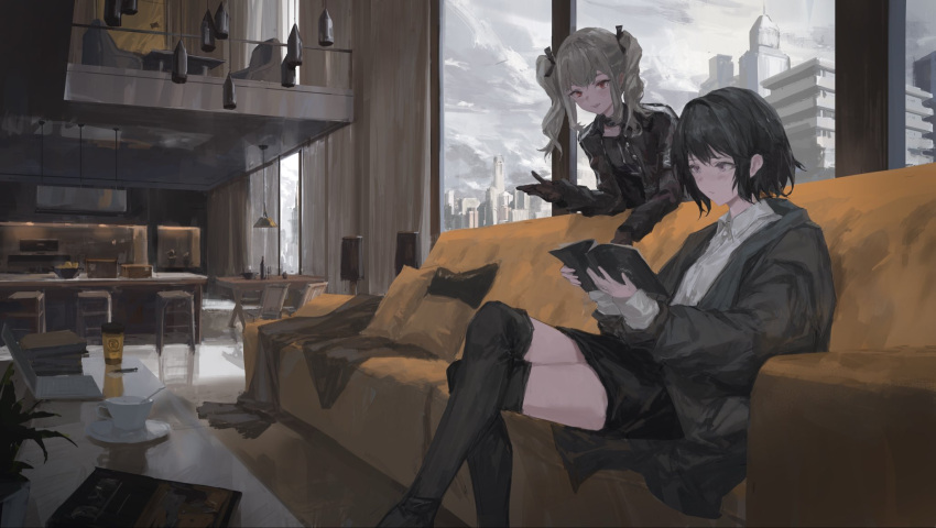 2girls, black_gloves, black_hair, black_jacket, black_skirt, black_thighhighs, book, building, city, collared_shirt, commentary_request, computer, couch, crossed_legs, cup, disposable_coffee_cup, disposable_cup, gloves, grey_hair, highres, holding, holding_book, ichijou_riana, indoors, jacket, kankunen_yua, laptop, lavender_quartz:_kyoukai_hyoudou, multiple_girls, overcast, plant, potted_plant, raymon_(raym0n_), reading, shirt, skirt, sky, skyscraper, stool, table, teacup, thigh-highs, twintails, white_shirt, window